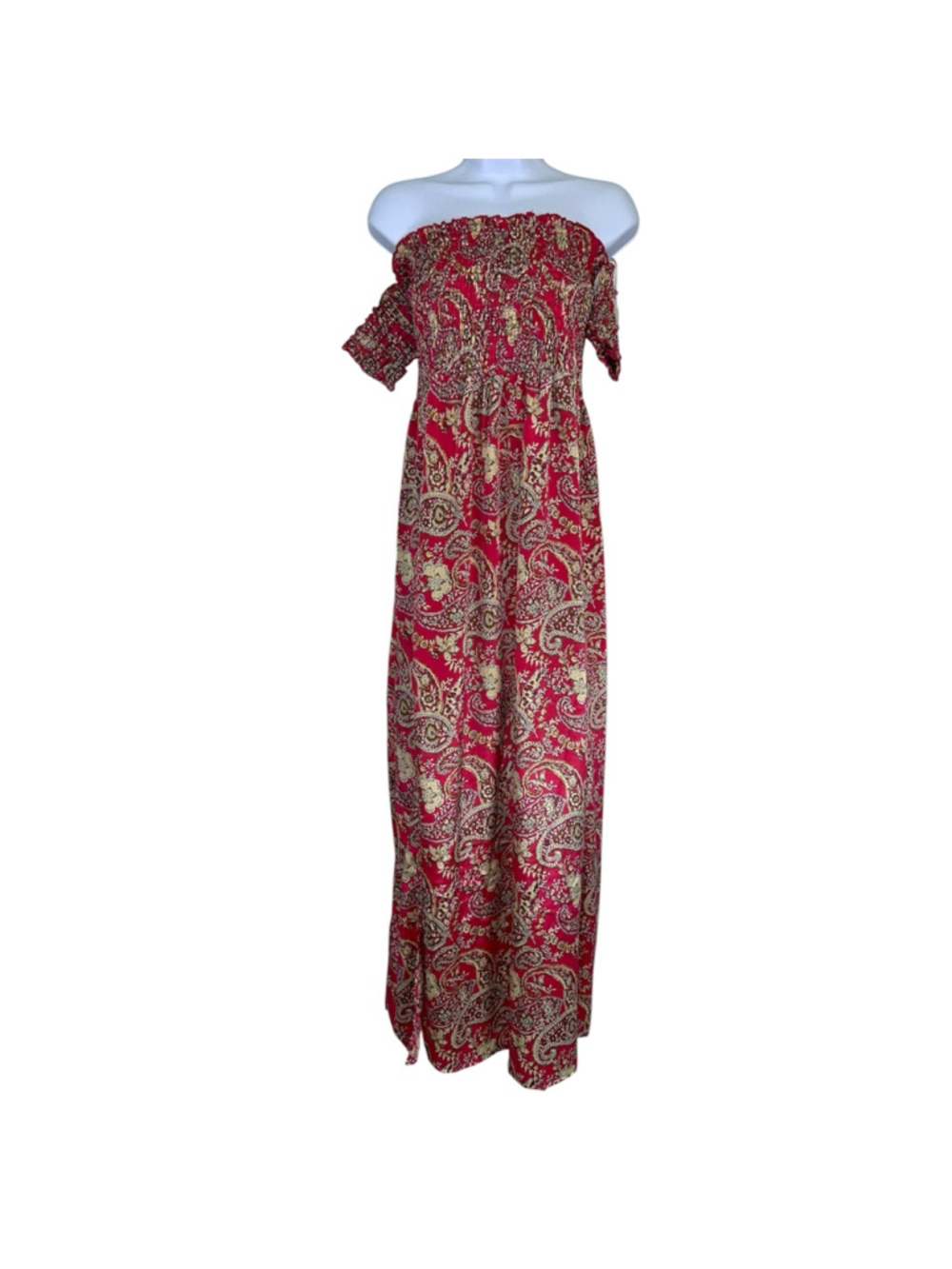 Women's Earthbound Trading Red Beige Paisley Off-Shoulder Maxi Dress XL